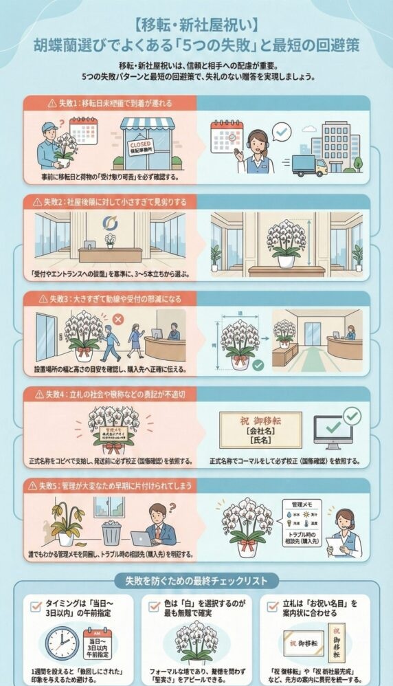 移転・新社屋祝いの胡蝶蘭選びでよくある5つの失敗と回避策を解説したインフォグラフィック、到着遅延・サイズ不適合・動線妨害・立札表記ミス・管理負担のNG例と、適切な納品タイミングやサイズ指定、正式名称での校正、管理メモ同梱など失敗を防ぐ実務ポイントを図解した内容