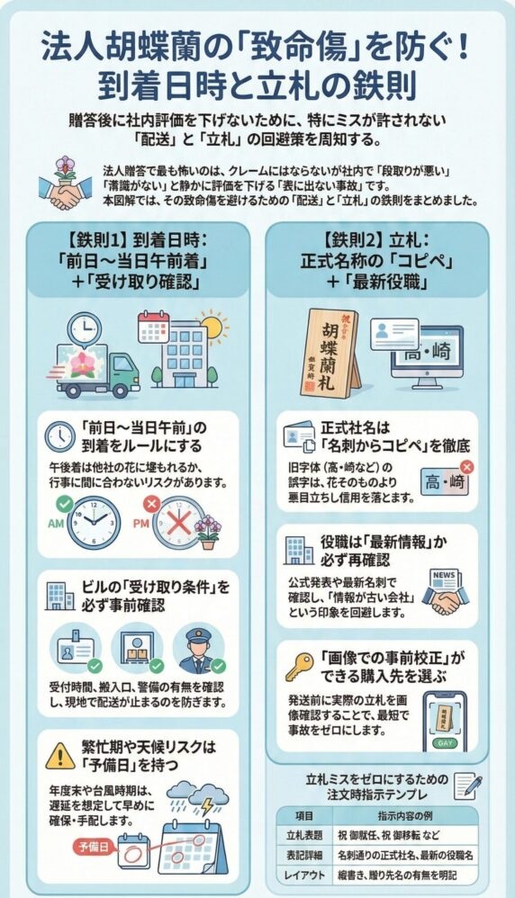 法人向け胡蝶蘭で致命的なミスを防ぐ到着日時と立札の鉄則を解説したインフォグラフィック、前日〜当日午前着と受取条件確認、正式社名のコピペと最新役職確認、事前画像校正の重要性、遅延対策の予備日設定など実務ポイントを図解した内容