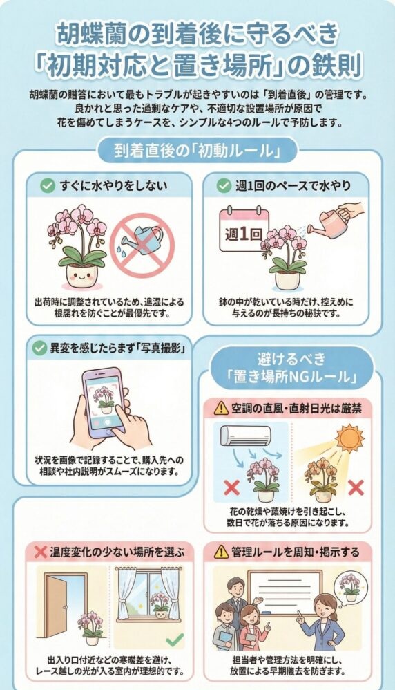 胡蝶蘭の到着後に守るべき初期対応と置き場所の鉄則を解説したインフォグラフィック、すぐに水やりしない・週1回の控えめ給水・異変時の写真記録、空調直風や直射日光を避け温度変化の少ない場所に設置し管理ルールを周知するポイントを図解した内容