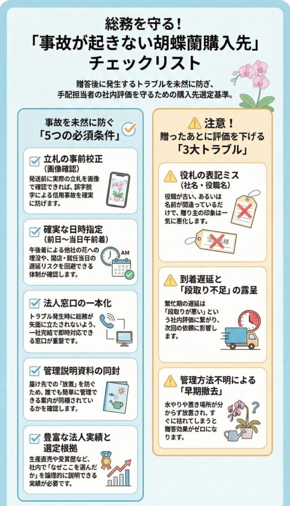 総務を守る胡蝶蘭購入先チェックリスト、立札事前校正や前日到着指定、法人窓口一本化、管理説明資料同封など5つの必須条件と、立札ミス・配送遅延・管理不明による早期撤去の3大トラブルを解説した法人贈答ガイド