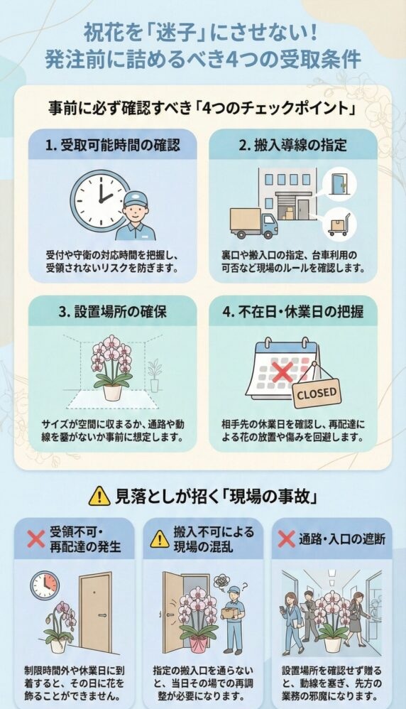 祝花を迷子にしないための受取条件チェックリスト、受取可能時間・搬入導線・設置場所・不在日確認の4項目と、再配達や搬入不可、通路遮断など現場トラブルを防ぐ法人胡蝶蘭の事前確認ポイントを解説した図解