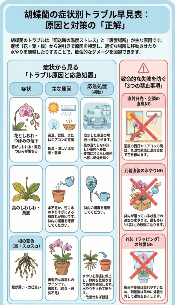 胡蝶蘭の症状別トラブル早見表、花のしおれ・葉の黄変・根腐れの原因(温度ストレス・乾燥・水やり過多)と対処法、直射日光やエアコン直風・到着直後の水やり禁止などの管理ポイントを解説