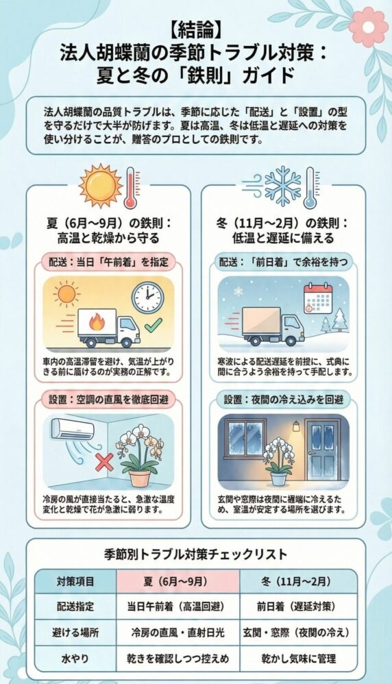 法人胡蝶蘭の季節別トラブル対策ガイド、夏は高温対策で当日午前着と直風回避、冬は低温と遅延対策で前日着と冷え込み防止、配送と設置の鉄則をまとめたチェックリスト