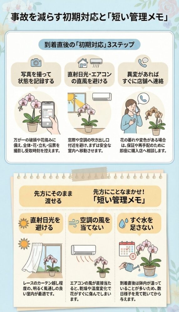 胡蝶蘭到着後の初期対応3ステップと管理方法、写真記録・直射日光やエアコン直風の回避・異常時の連絡対応、すぐ水やりしないなど長持ちさせるための基本管理メモ