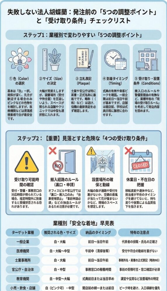 法人胡蝶蘭の発注前チェックリスト、色・サイズ・立札・納品タイミング・受取条件の5つの調整ポイントと受け取り条件確認、業種別の最適な胡蝶蘭選び方ガイド