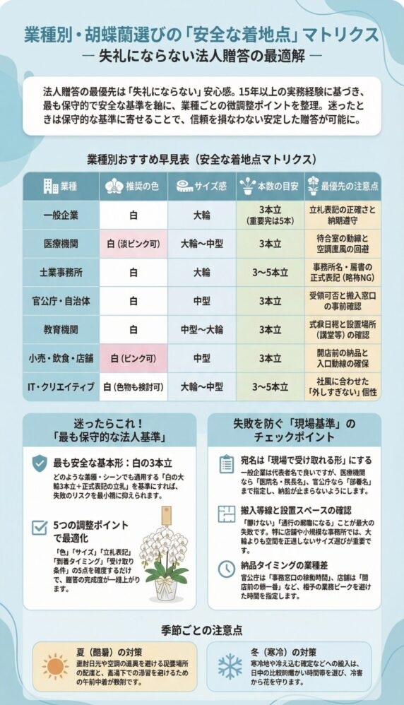 法人胡蝶蘭の業種別選び方マトリクス、一般企業・医療機関・官公庁などのおすすめ色やサイズ・本数(3本立ち基準)と失敗しない贈答の安全基準ガイド