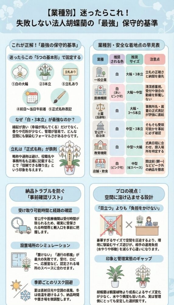 法人胡蝶蘭の最適な選び方、迷ったら白の大輪3本立ちが安全な基準、業種別おすすめサイズと色、納品トラブルを防ぐ事前確認チェックリスト