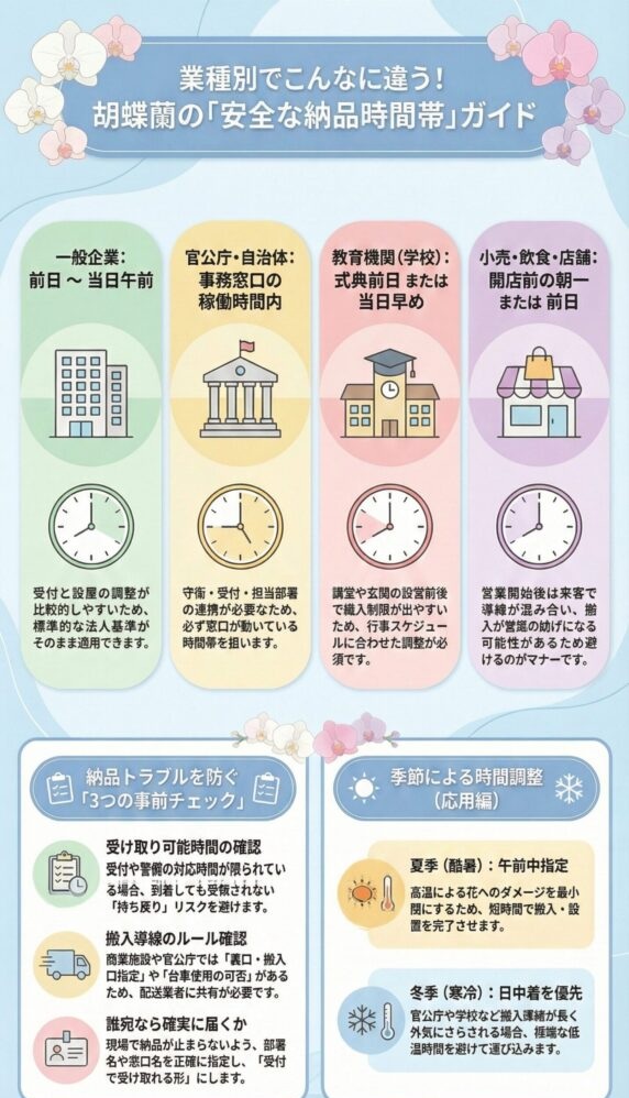 法人胡蝶蘭の安全な納品時間帯ガイド、業種別の最適な配送タイミングと注意点(一般企業・官公庁・学校・店舗別)