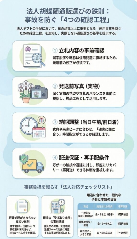 法人胡蝶蘭通販の選び方ガイド、失敗しないための4つの確認工程(立札確認・発送前写真・納期調整・配送保証)