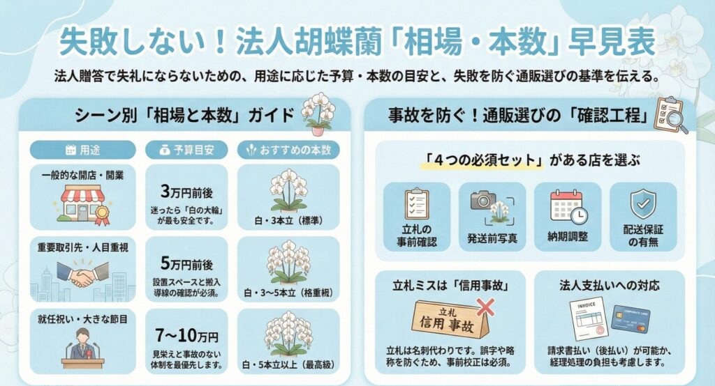 法人胡蝶蘭の相場と本数の目安ガイド、用途別の価格帯とおすすめ本数(3本・5本以上)と失敗しない通販選びのポイント