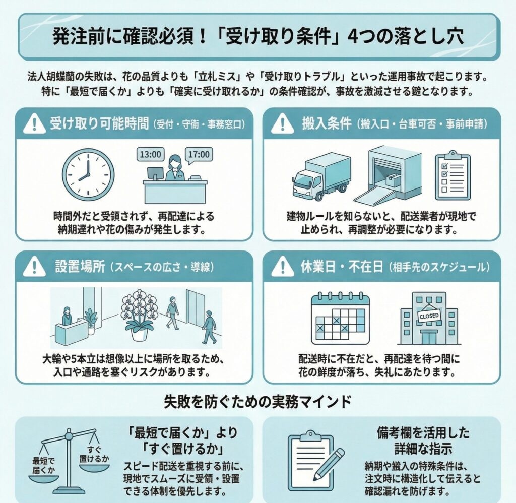 法人胡蝶蘭の受け取り条件チェックリスト、納品トラブルを防ぐ4つの確認ポイント(受取時間・搬入条件・設置場所・休業日)