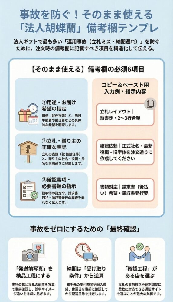 法人胡蝶蘭の注文備考欄テンプレート、失敗を防ぐ記入例と必須6項目(立札・納期・請求書対応など)