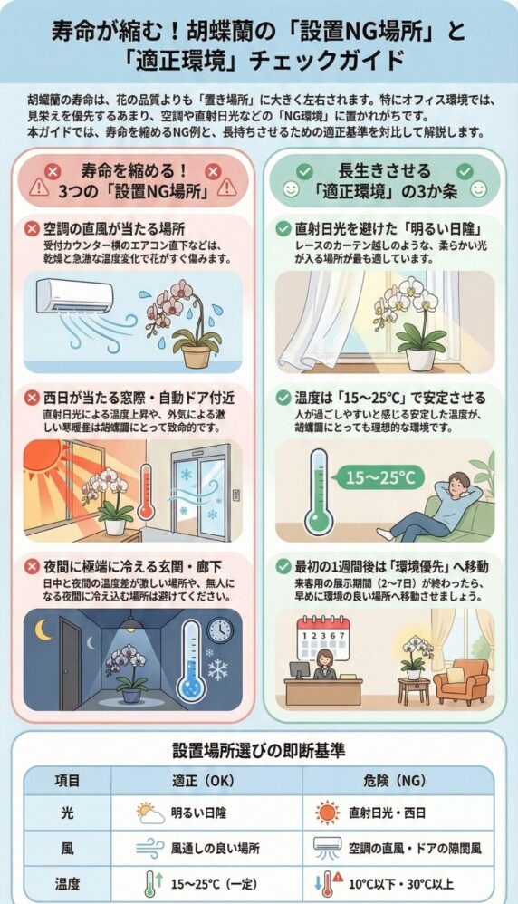 胡蝶蘭の置き場所ガイド、枯れるNG設置場所と長持ちする適正環境(直射日光・エアコン風・温度管理)