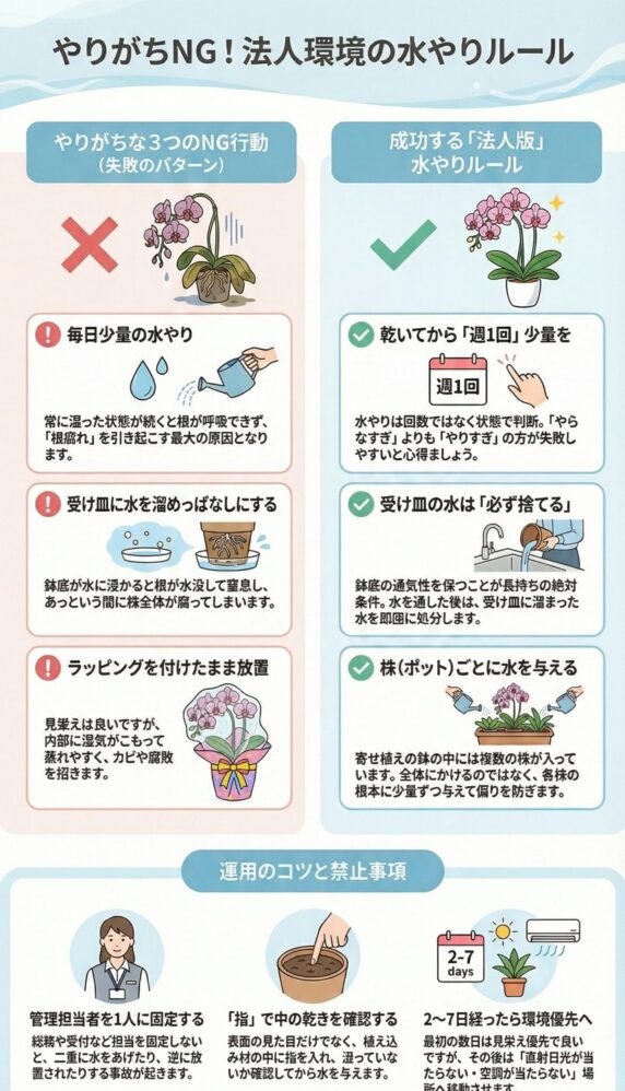 胡蝶蘭の水やりNG例と正しい方法、毎日水やり・受け皿放置・ラッピング放置の失敗と週1回管理のコツ