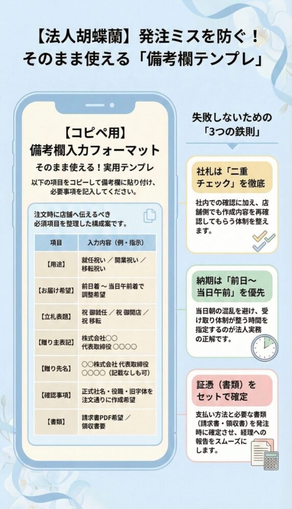 法人胡蝶蘭の注文ミスを防ぐ備考欄テンプレート例と立札・納期・贈り主表記の正しい書き方ガイド