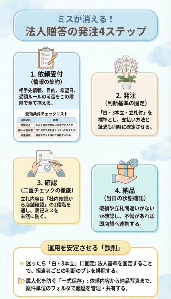 法人胡蝶蘭の発注手順4ステップ完全ガイド、依頼受付から納品確認までの流れとミス防止ポイント