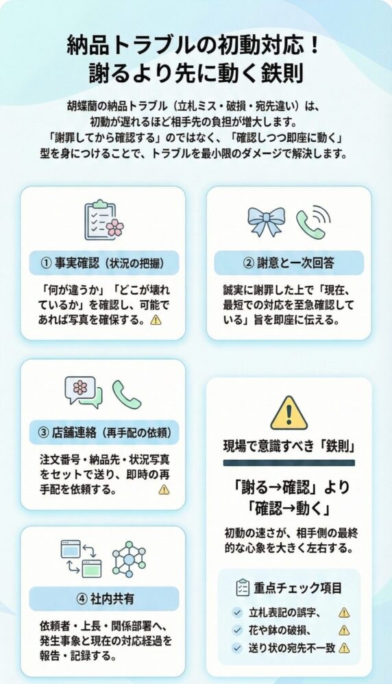 胡蝶蘭の納品トラブル初動対応マニュアル、立札ミスや破損時の確認・謝罪・再手配の手順ガイド