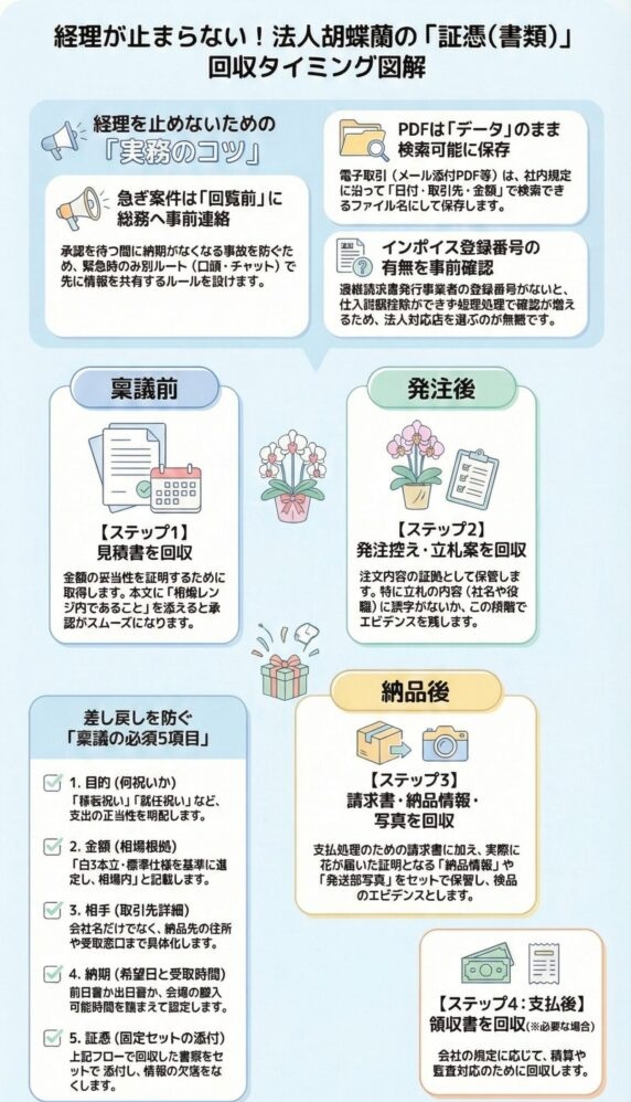法人胡蝶蘭の証憑書類と請求書回収タイミング、見積・納品・領収書の管理フローと経理対応ガイド