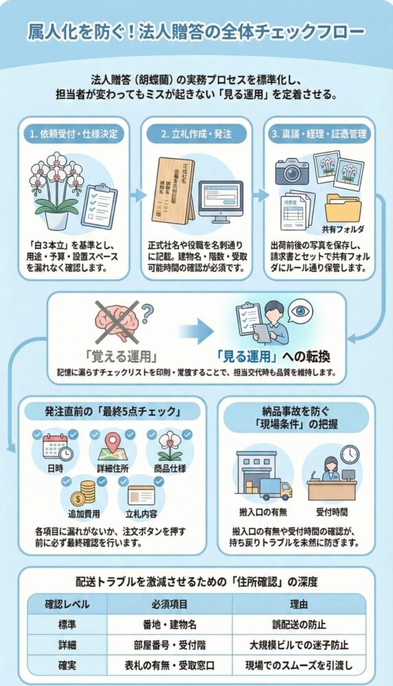 法人胡蝶蘭の発注から納品までの全体チェックフローとミス防止の確認項目、属人化を防ぐ運用手順の図解
