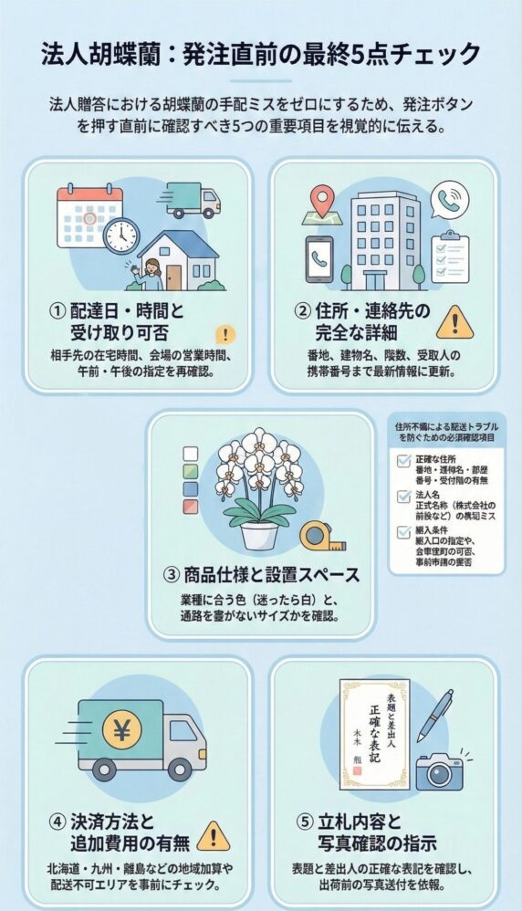 法人胡蝶蘭の発注直前に確認すべき最終5点チェック項目（納品日時・住所・仕様・費用・立札）の図解ガイド