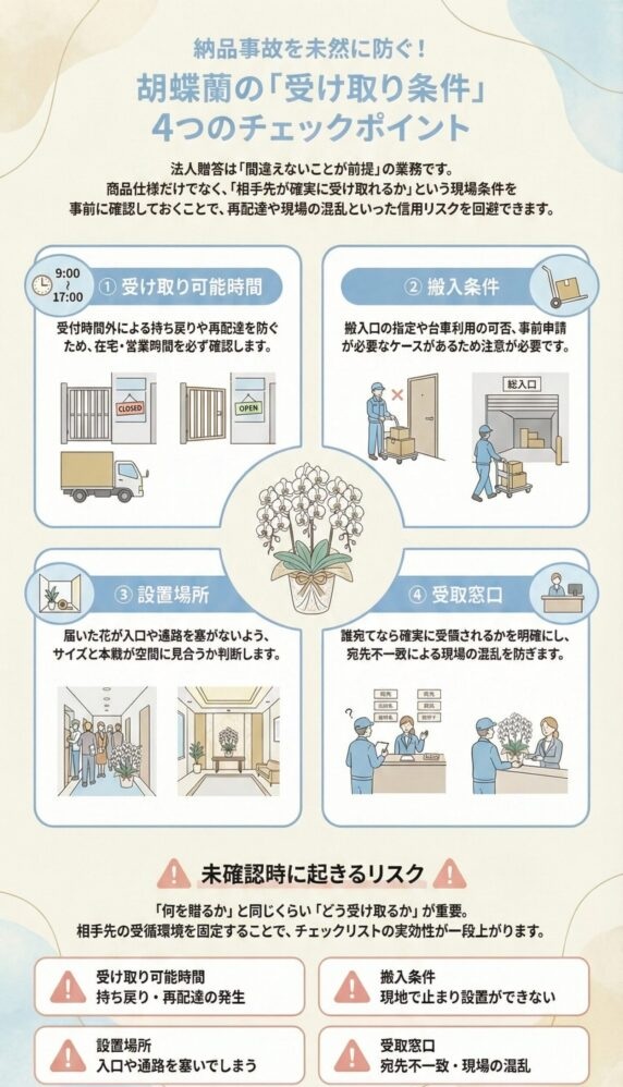 胡蝶蘭の受け取り条件4つのチェックポイント。受取時間・搬入条件・設置場所・受取窓口と納品トラブル防止ガイド