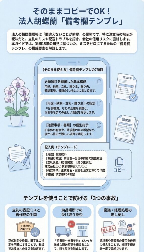 法人胡蝶蘭の注文ミスを防ぐ備考欄テンプレートと記入例。立札表記や納品トラブル回避の指示項目解説
