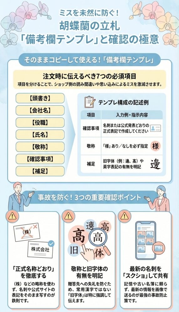 胡蝶蘭の立札注文ミスを防ぐ備考欄テンプレートと確認ポイント(会社名・役職・氏名・敬称・旧字体の注意点を解説したインフォグラフィック)