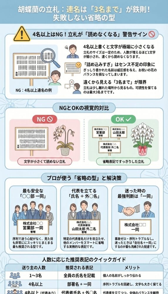 胡蝶蘭の立札は連名3名までが鉄則と省略ルールを解説したインフォグラフィック