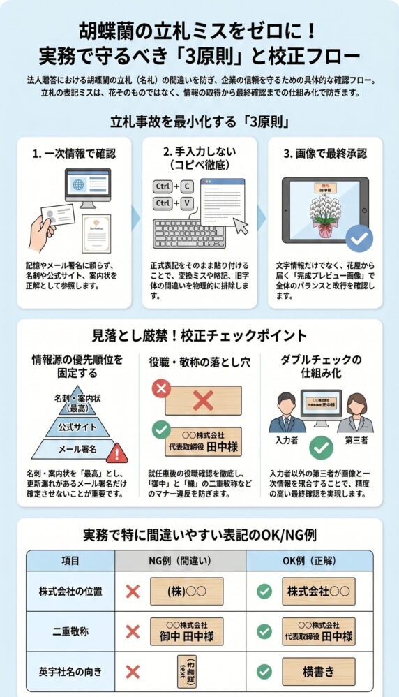 胡蝶蘭の立札ミスを防ぐための3原則と校正フロー(一次情報確認・コピペ徹底・画像確認とOK/NG表記例を解説したインフォグラフィック)