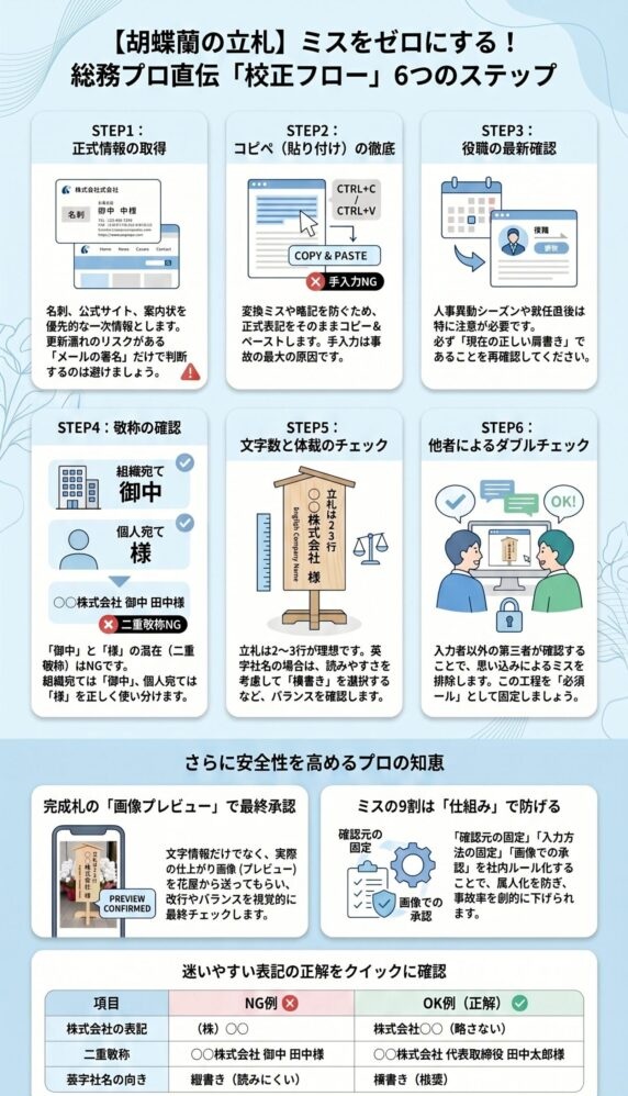 胡蝶蘭の立札ミスを防ぐ総務向け校正フロー6ステップ(コピペ徹底・敬称確認・ダブルチェックと最終承認の実務手順を解説したインフォグラフィック)