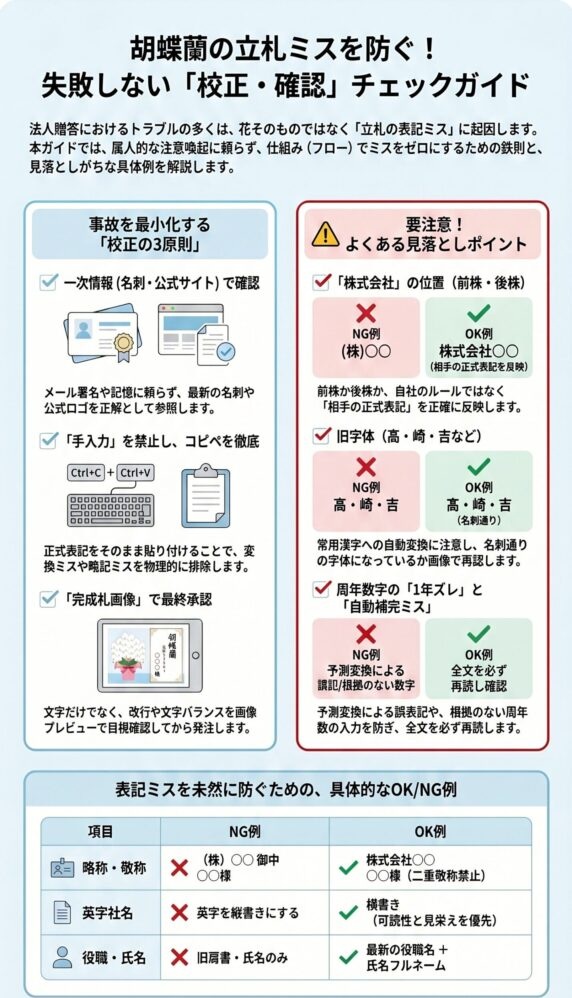 胡蝶蘭の立札ミスを防ぐための校正・確認チェックガイド(一次情報確認・コピペ徹底・敬称や表記ミスのOK/NG例を解説したインフォグラフィック)