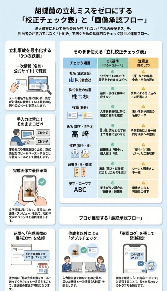 胡蝶蘭の立札ミスを防ぐ校正チェック表と画像承認フロー(正式表記・敬称・役職確認とダブルチェック手順を解説したインフォグラフィック)