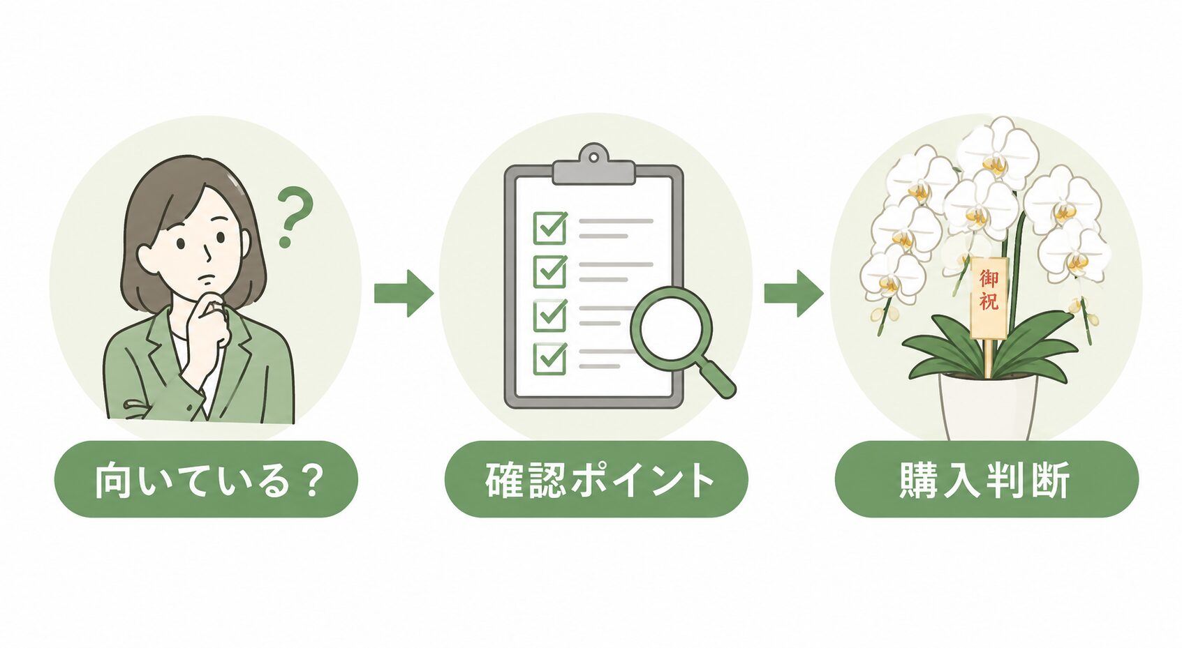 クマサキ洋ラン農園が合うかを確認して購入判断へ進む流れを示す図解