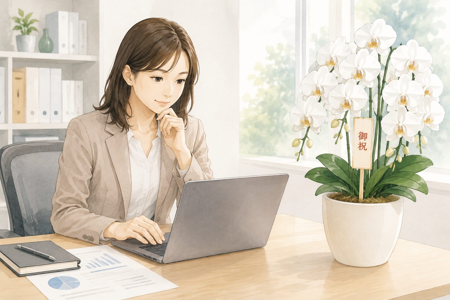 法人担当者が胡蝶蘭の購入先を比較検討するイラスト