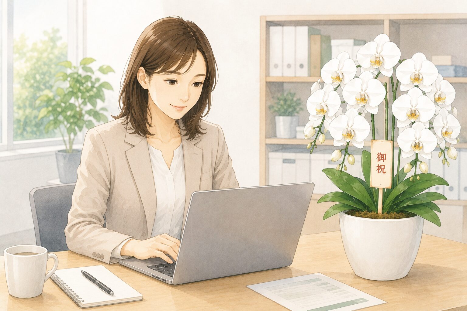 法人贈答用の胡蝶蘭を安心して発注する担当者のイラスト