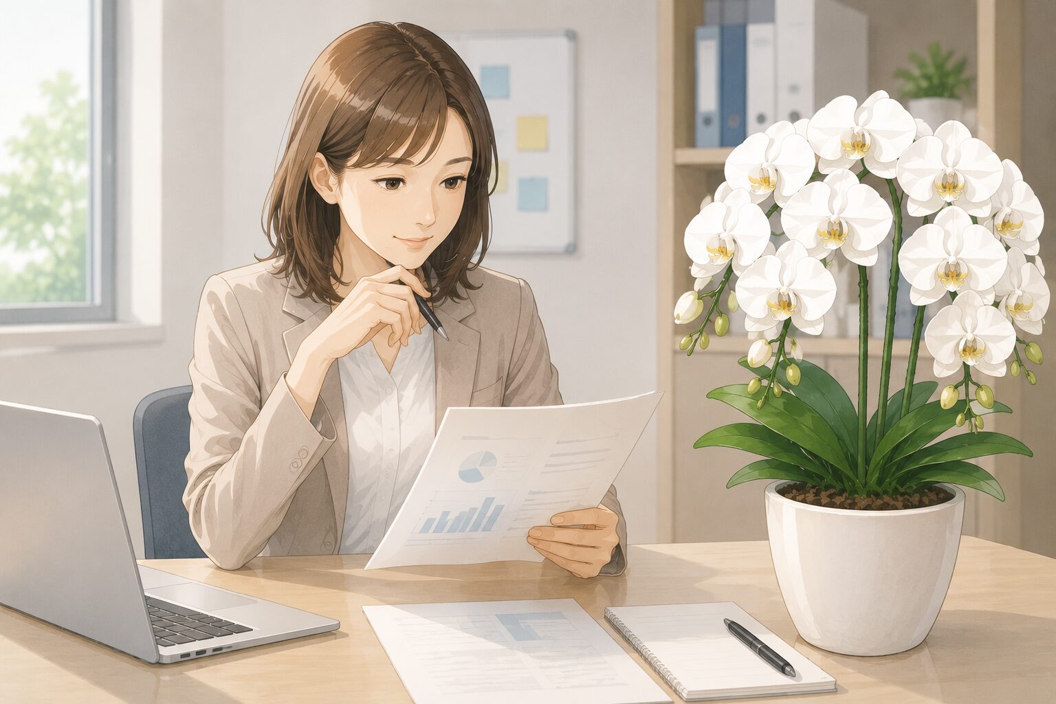 法人担当者が胡蝶蘭の贈答内容を社内書類で確認する様子