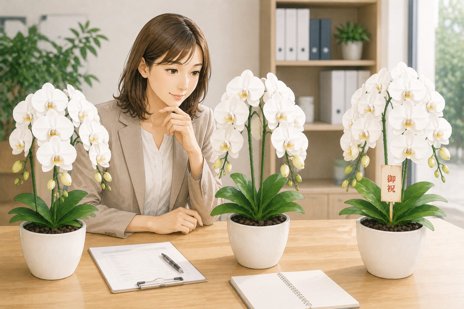 白い3本立ち胡蝶蘭を比較しながら予算とサイズを検討する様子
