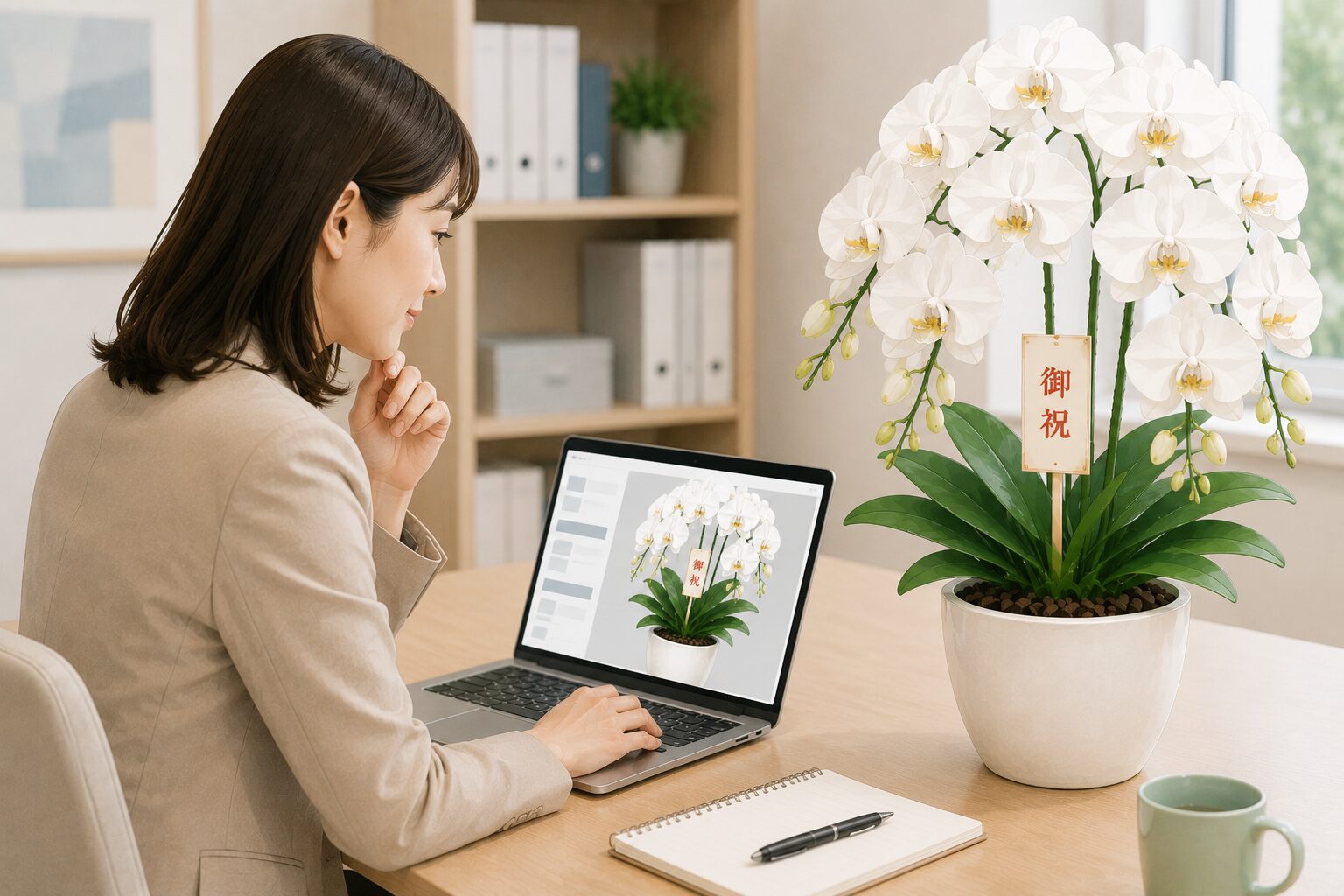 発送前写真で胡蝶蘭の立札と花の状態を確認する法人担当者