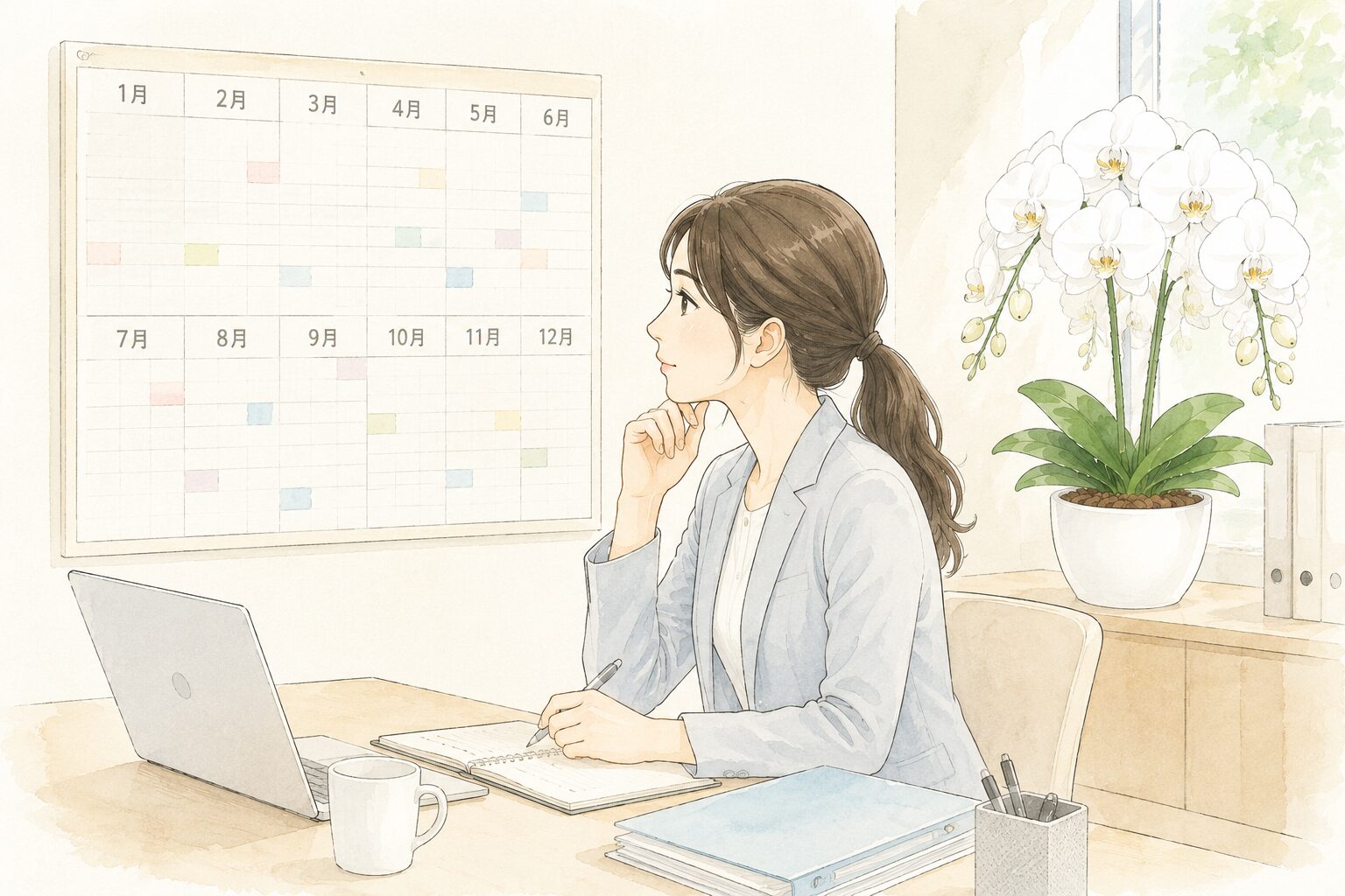 法人贈答の年間スケジュールを確認する総務担当者のイラスト