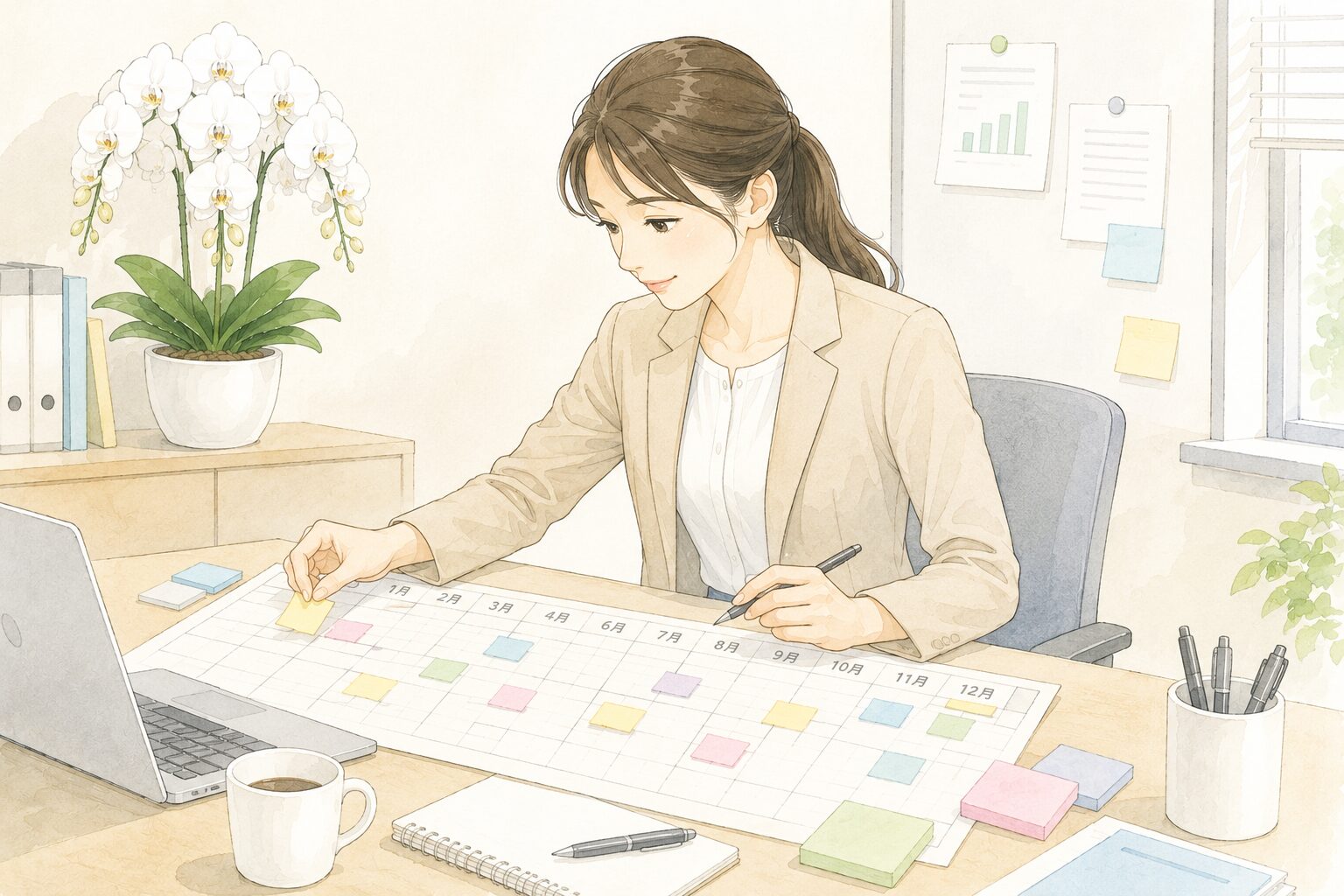 周年祝いや人事異動などの年間予定を整理する総務担当者のイラスト