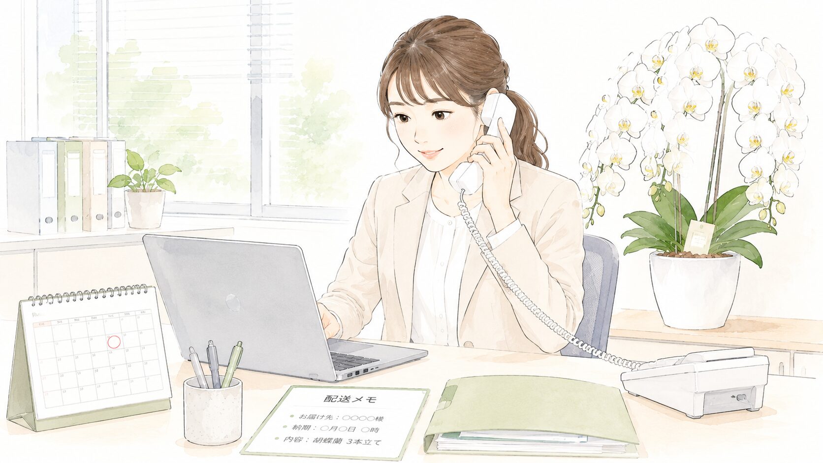 急な法人胡蝶蘭依頼で電話をしながら納期確認を行う総務担当者のイラスト