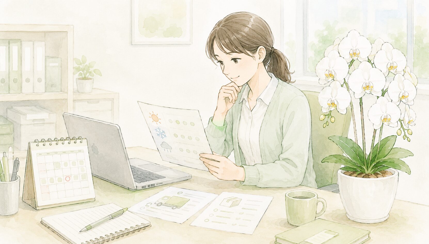 季節条件を確認しながら法人胡蝶蘭の手配を進める総務担当者のイラスト