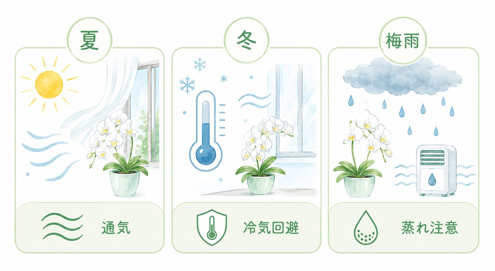 夏・冬・梅雨の法人胡蝶蘭トラブル対策を比較した図解