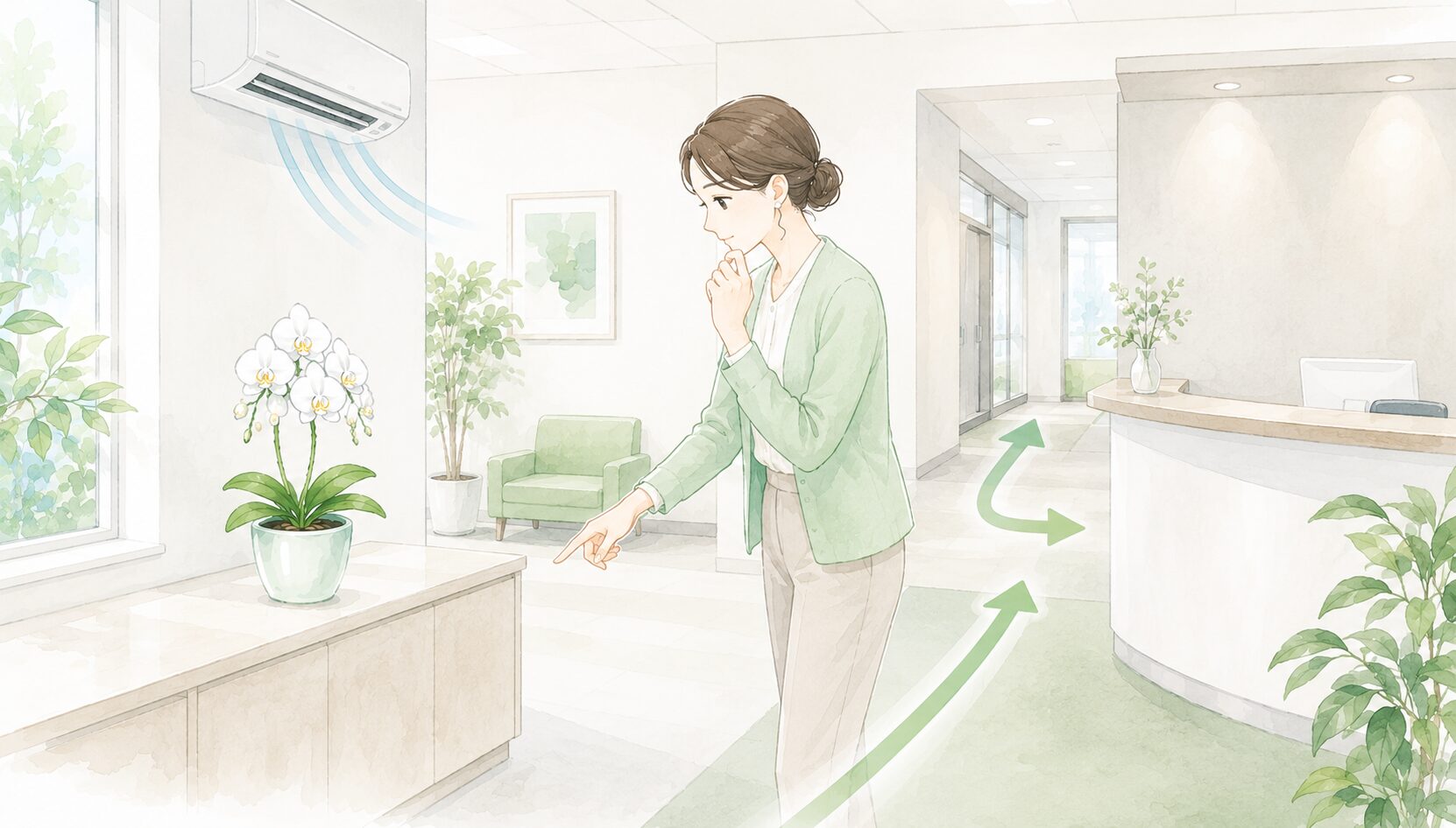 受付やオフィスで胡蝶蘭の安全な設置場所を確認する担当者のイラスト