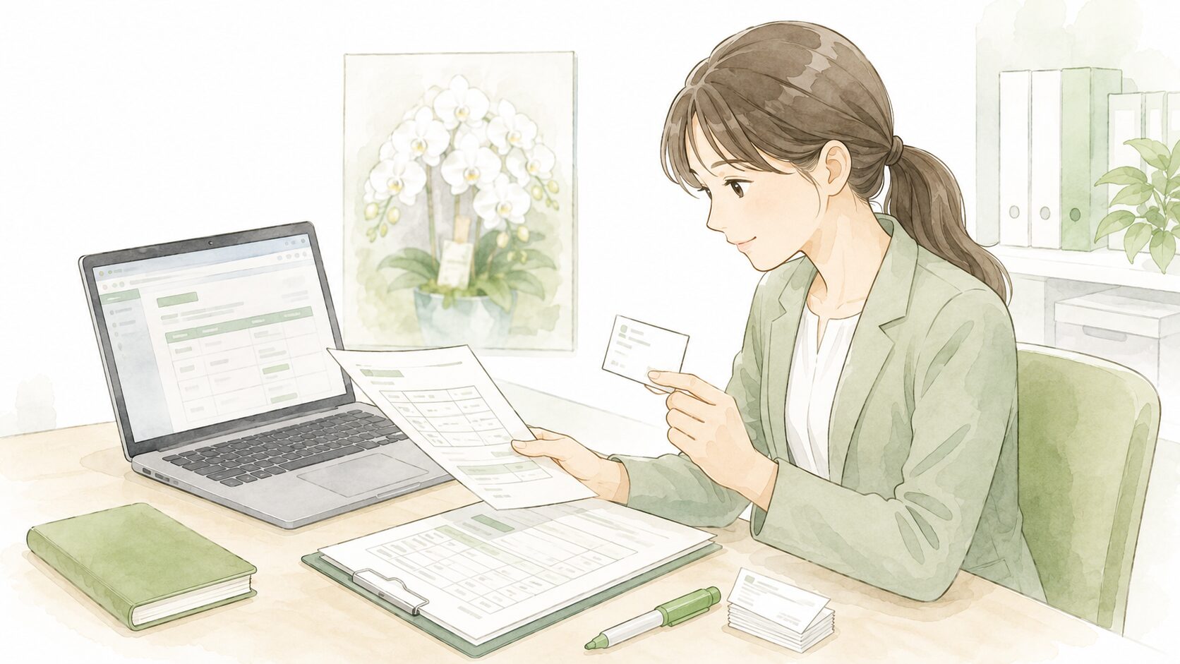 基幹システムや名刺を見ながら立札表記を確認する総務担当者のイラスト