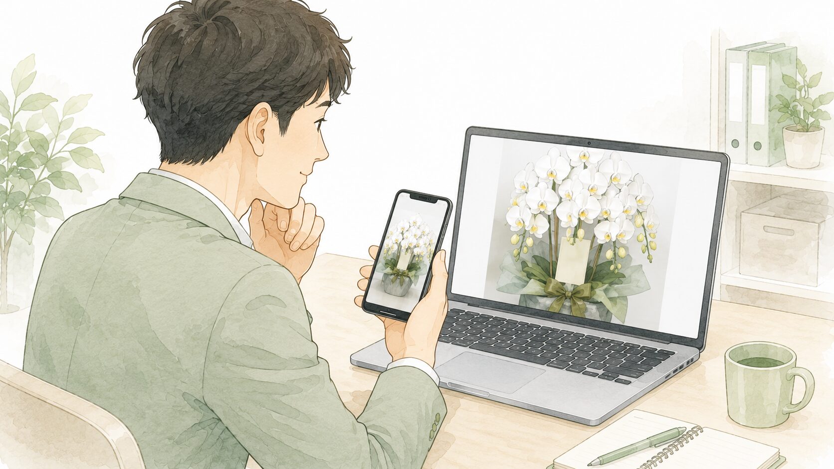 発送前写真で胡蝶蘭の立札アップを確認する法人担当者のイラスト