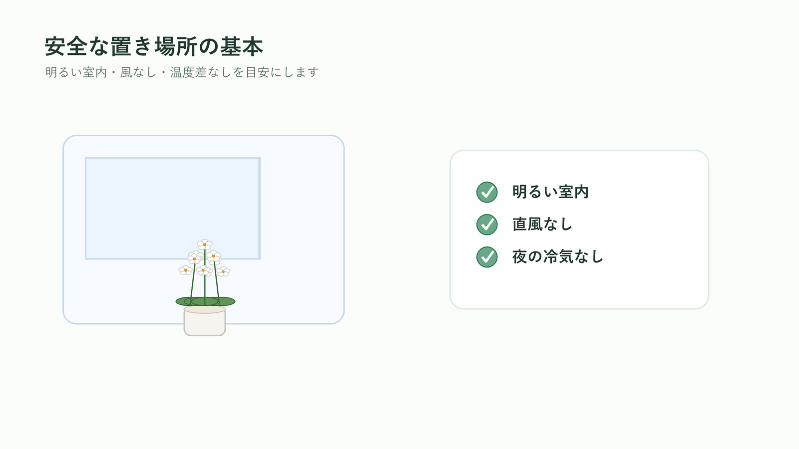 法人胡蝶蘭を明るい室内で風や温度差を避けて置く場所の図解
