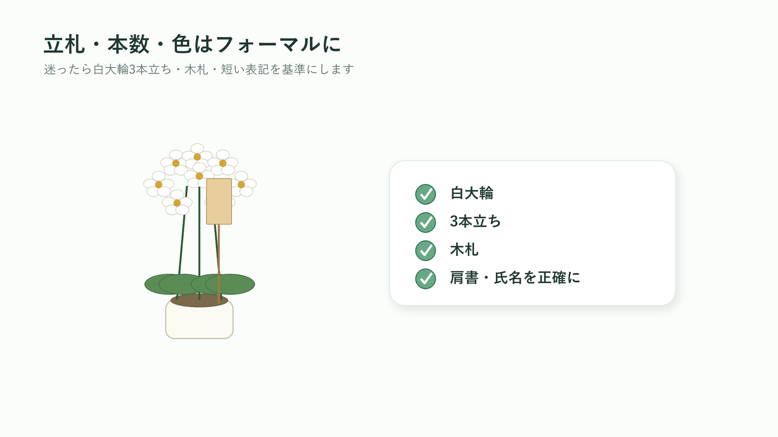 就任祝いの胡蝶蘭で白大輪3本立ちと木札を基準にする図解