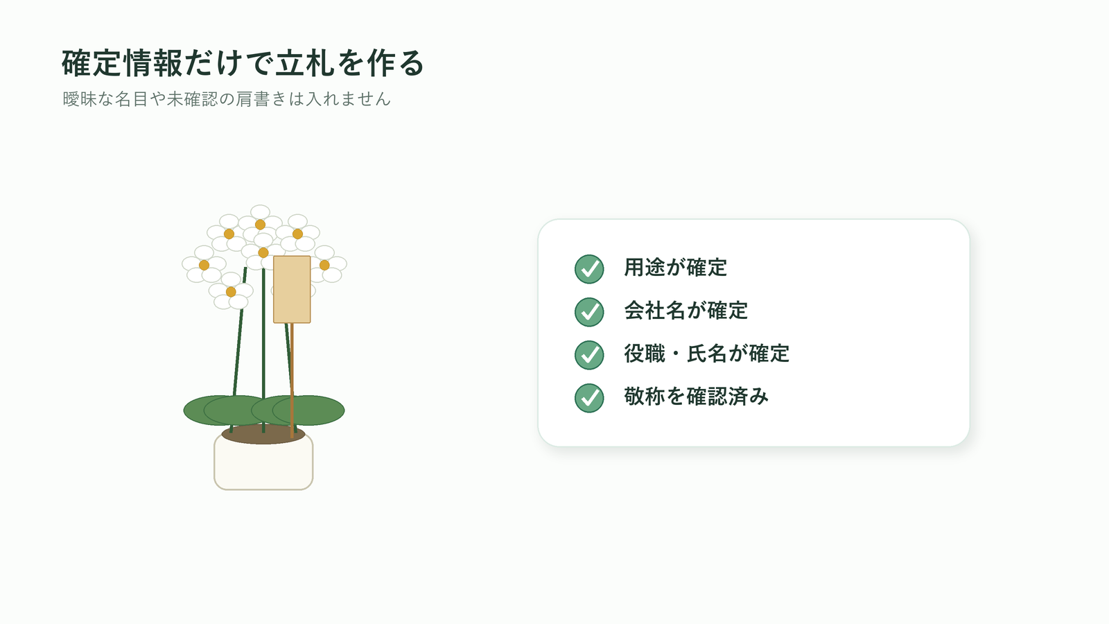 胡蝶蘭の立札は用途・会社名・役職氏名・敬称が確定してから作ることを示す図解