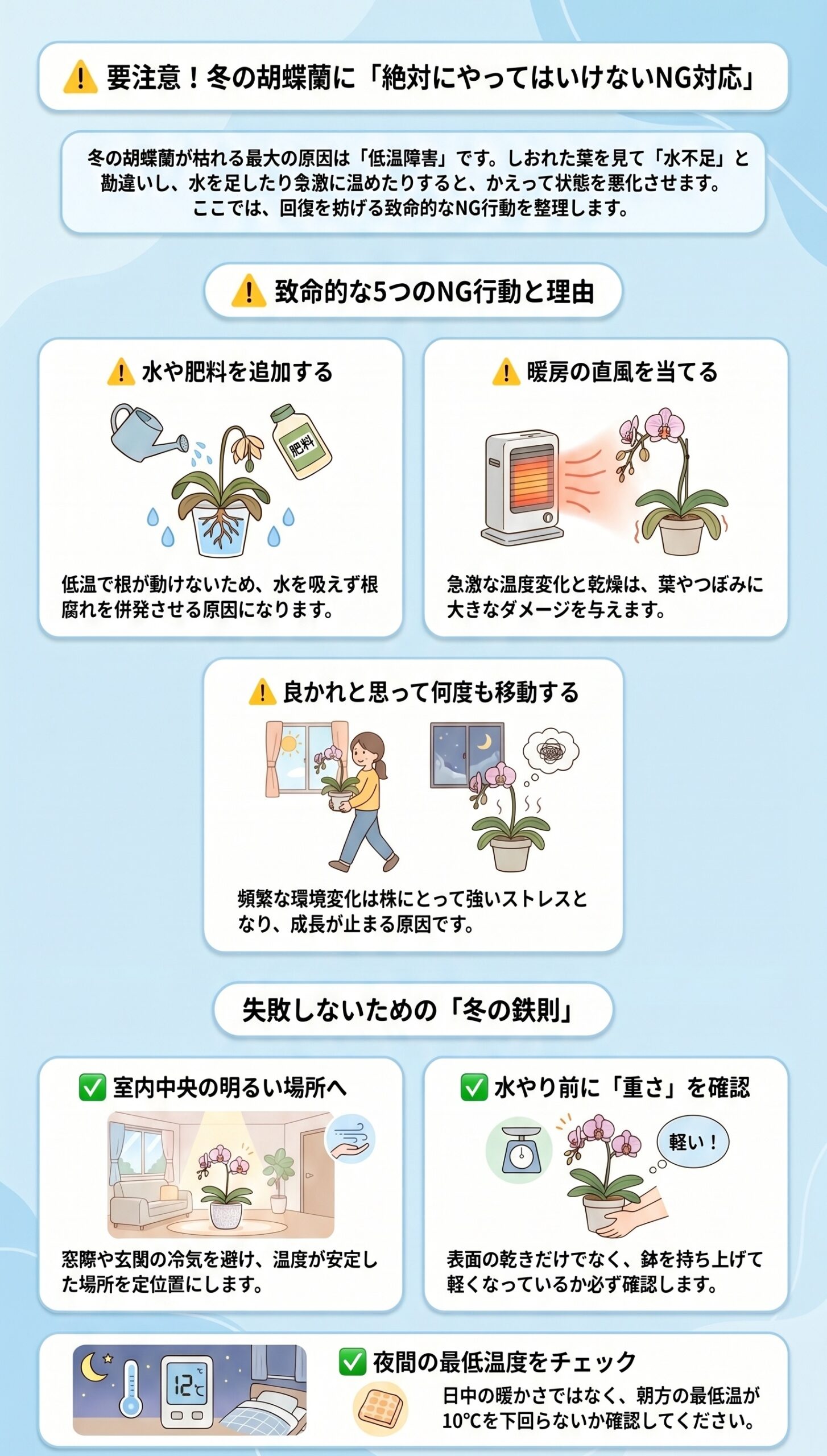 危険!昼は暖かくても夜は冷える「要注意な置き場所」|胡蝶蘭の冬越し・低温障害の症状と初動対応を整理したインフォグラフィック